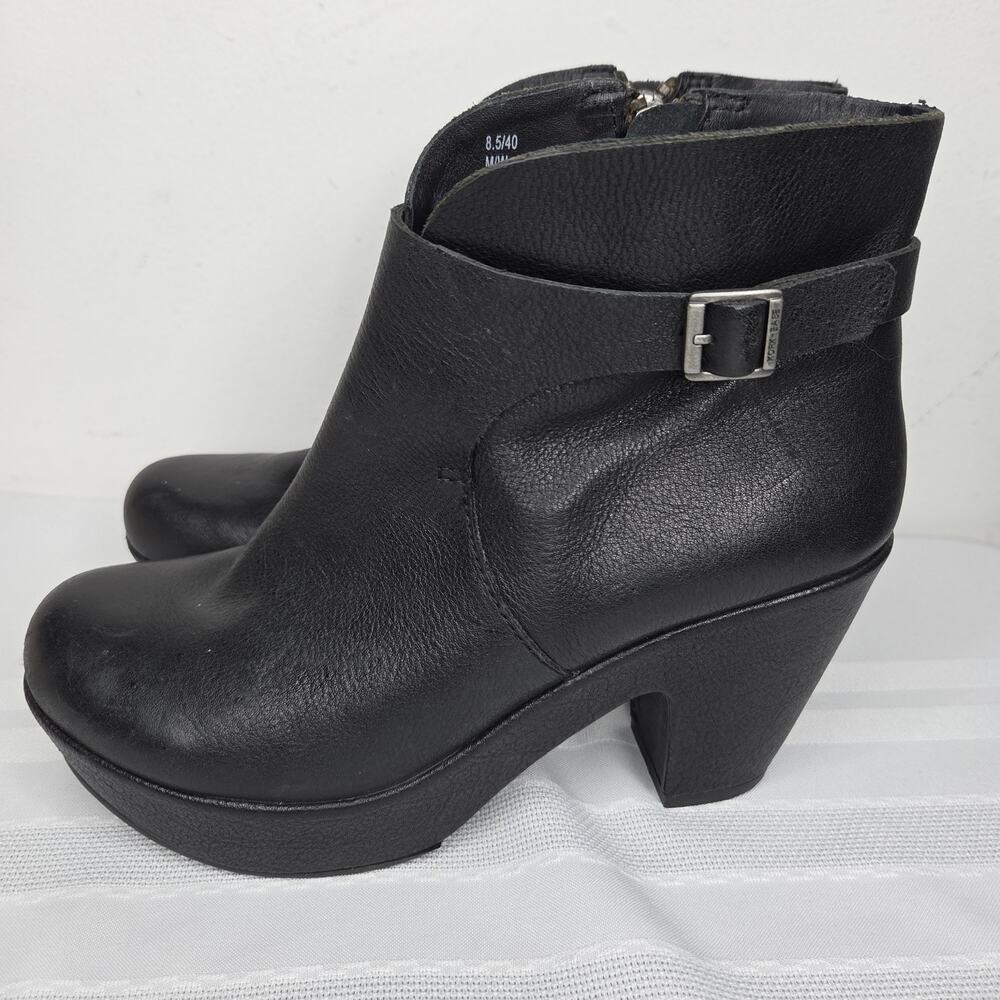 Kork-Ease Womens 8.5 Black Leather Platform Ankle Boots Buckle Wedge Heel